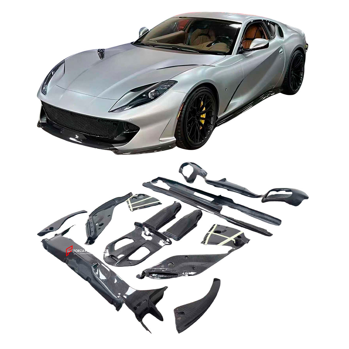 REPLACEMENT CARBON BODY KIT for FERRARI 812 SUPERFAST GTS 2017+

Set includes:

Front Splitter
Engine Bay Panels
Door Seals
Side Skirts
Rear Hood / Bonnet Lower Insert
Rear Lip
Rear Diffuser

Material: Dry Carbon

Note: Professional installation is required