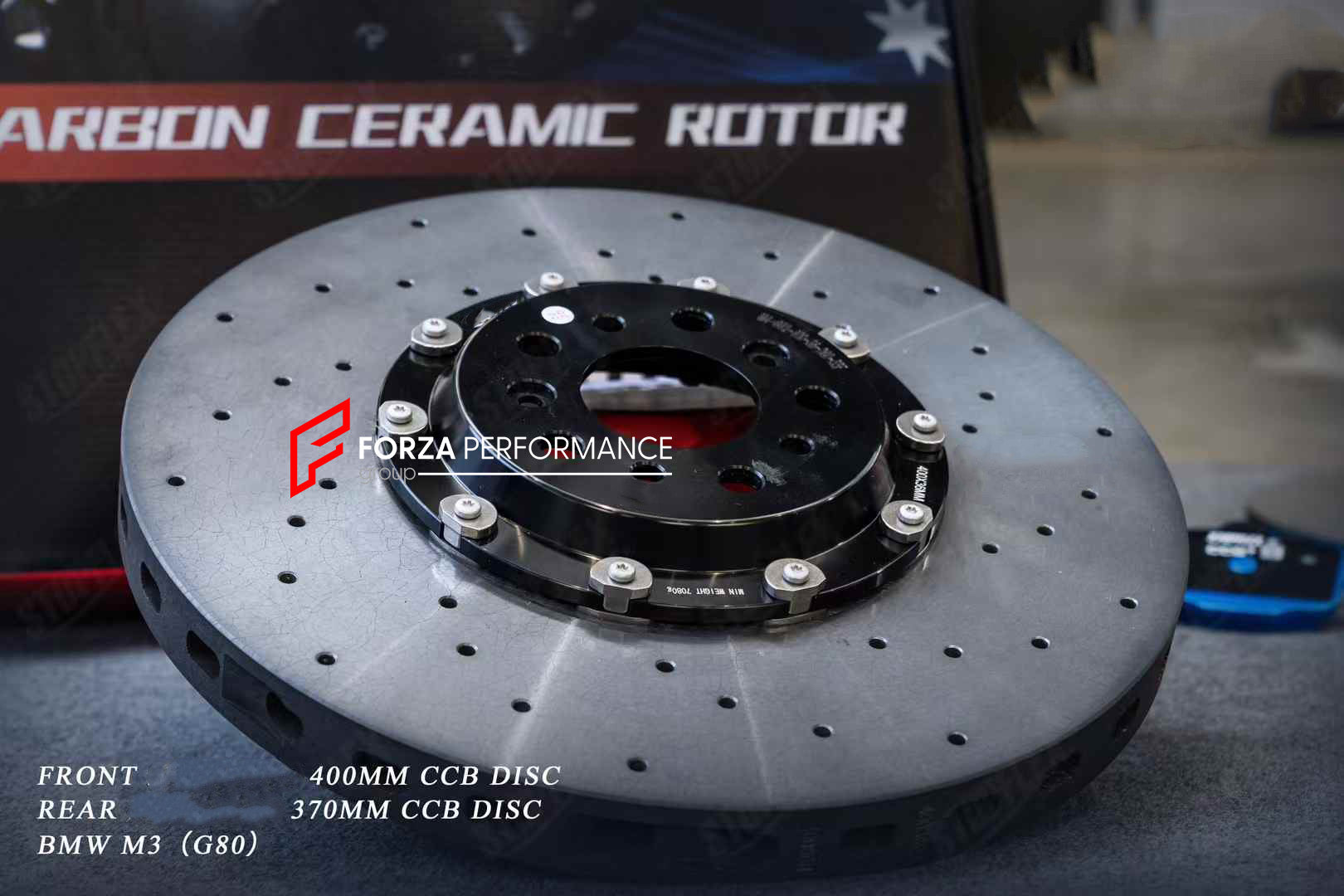 REPLACEMENT CARBON CERAMIC BRAKE DISK ROTORS for BMW M3 M4 G80 G82 2020+

Forza Performance Group offers various types of big brake kits, all types of aftermarket brake calipers, as well as genuine original brands of all types, such as AP Racing, Brembo, Akebono, AMG, M Performance, Audi, Porsche, Lamborghini, Toyota TRD, etc.

In the photos above you can see an installed Forza Performance Group set of carbon ceramic discs for the BMW M3 G80&nbsp;with 400mm/370mm brake rotors.

Material: Carbon Ceramic

Cur