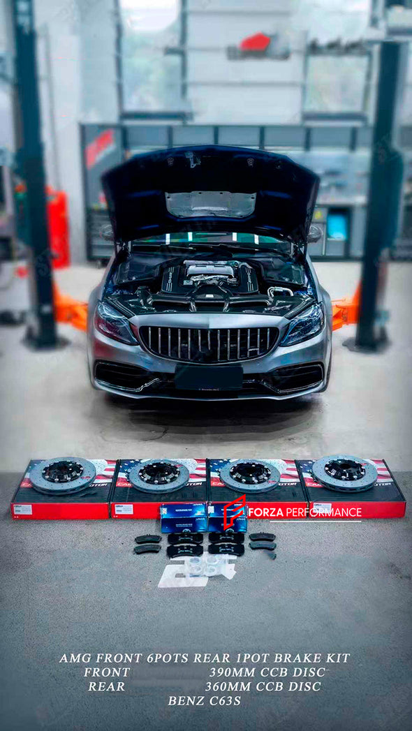 REPLACEMENT CARBON CERAMIC BRAKE DISK ROTORS for MERCEDES-BENZ C63S AMG 2015 - 2021

Forza Performance Group offers various types of big brake kits, all types of aftermarket brake calipers, as well as genuine original brands of all types, such as AP Racing, Brembo, Akebono, AMG, M Performance, Audi, Porsche, Lamborghini, Toyota TRD, etc.

In the photos above you can see an installed Forza Performance Group set of carbon ceramic discs for the MERCEDES-BENZ C63S AMG with 390mm/360mm brake rotors.

Material: C