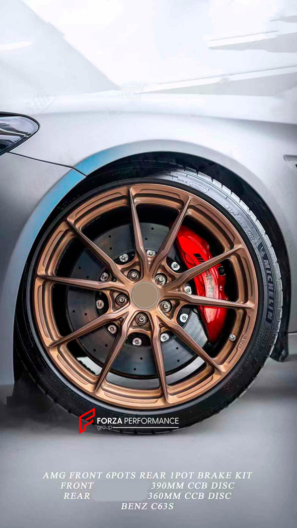 REPLACEMENT CARBON CERAMIC BRAKE DISK ROTORS for MERCEDES-BENZ C63S AMG 2015 - 2021

Forza Performance Group offers various types of big brake kits, all types of aftermarket brake calipers, as well as genuine original brands of all types, such as AP Racing, Brembo, Akebono, AMG, M Performance, Audi, Porsche, Lamborghini, Toyota TRD, etc.

In the photos above you can see an installed Forza Performance Group set of carbon ceramic discs for the MERCEDES-BENZ C63S AMG with 390mm/360mm brake rotors.

Material: C