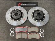 REPLACEMENT CARBON CERAMIC BRAKE DISK ROTORS KIT for MERCEDES BENZ AMG GT63 S X290 4-DOOR 2018+ Forza Performance Custom Fit CCB Carbon Ceramic Brake Discs 390x36 360x36 Cross Drilled for Stock Steel Calipers
Set includes:

Front Carbon Ceramic Brake Disc Rotors 390 x 36 mm (fit stock steel calipers)
Front Brake Pads
Hub Centric Rings
Rear Carbon Ceramic Brake Disc Rotors 360 x 36 mm (fit stock steel calipers)
Rear Brake Pads
Material: Carbon Ceramic

NOTE: Professional installation is required.