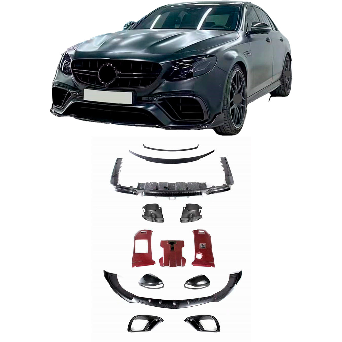 CARBON BODY KIT for MERCEDES BENZ E-CLASS E63 AMG W213 2017 - 2020 

Set includes:

Front Lip
Front Bumper Air Vents
Mirror Covers
Engine Cover
Exhasut Tips
Rear Diffuser With LED Light
Rear Spoiler/Wing

Material: Carbon

NOTE: Professional installation is required.