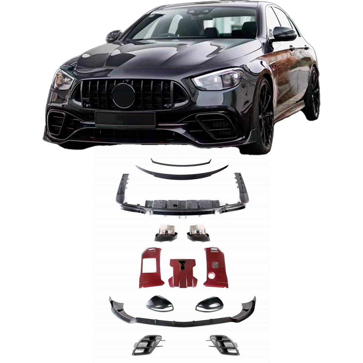 CARBON BODY KIT FOR MERCEDES BENZ E CLASS E63 AMG W213 2020+&nbsp;

Set includes:

Front Lip
Front Bumper Air Vents
Mirror Covers
Engine Cover
Exhaust Tips
Rear Diffuser With LED Light
Rear Spoiler/Wing

Material: Carbon

NOTE: Professional installation is required