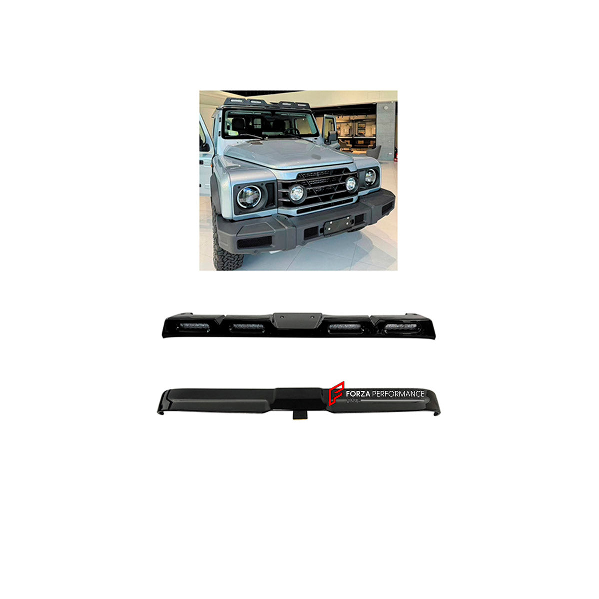 ROOF LIGHT BAR WITH ROOF SPOILER for Ineos Grenadier 2022+
Set includes:

Roof Light Bar
Roof Spoiler
Material: Plastic

NOTE: Professional installation is required.