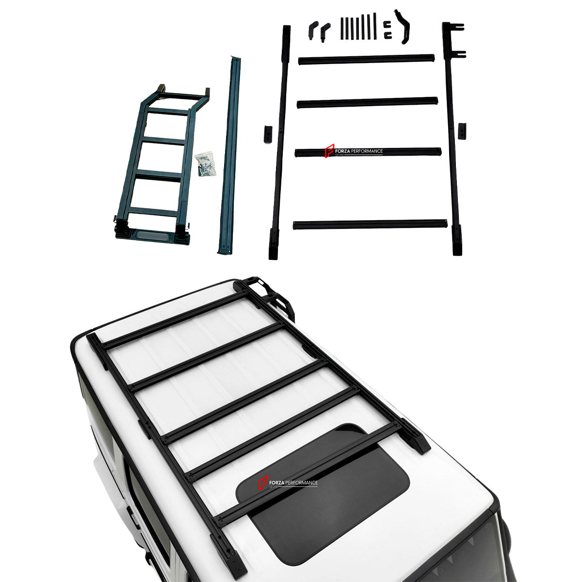 ROOF RACK BAR LUGGAGE WITH LADDER for Mercedes Benz G Class W463A W465 2018+
Set includes:

Roof Rack Assembly
Rear Ladder
Material: Aluminium

NOTE: Professional installation is required.