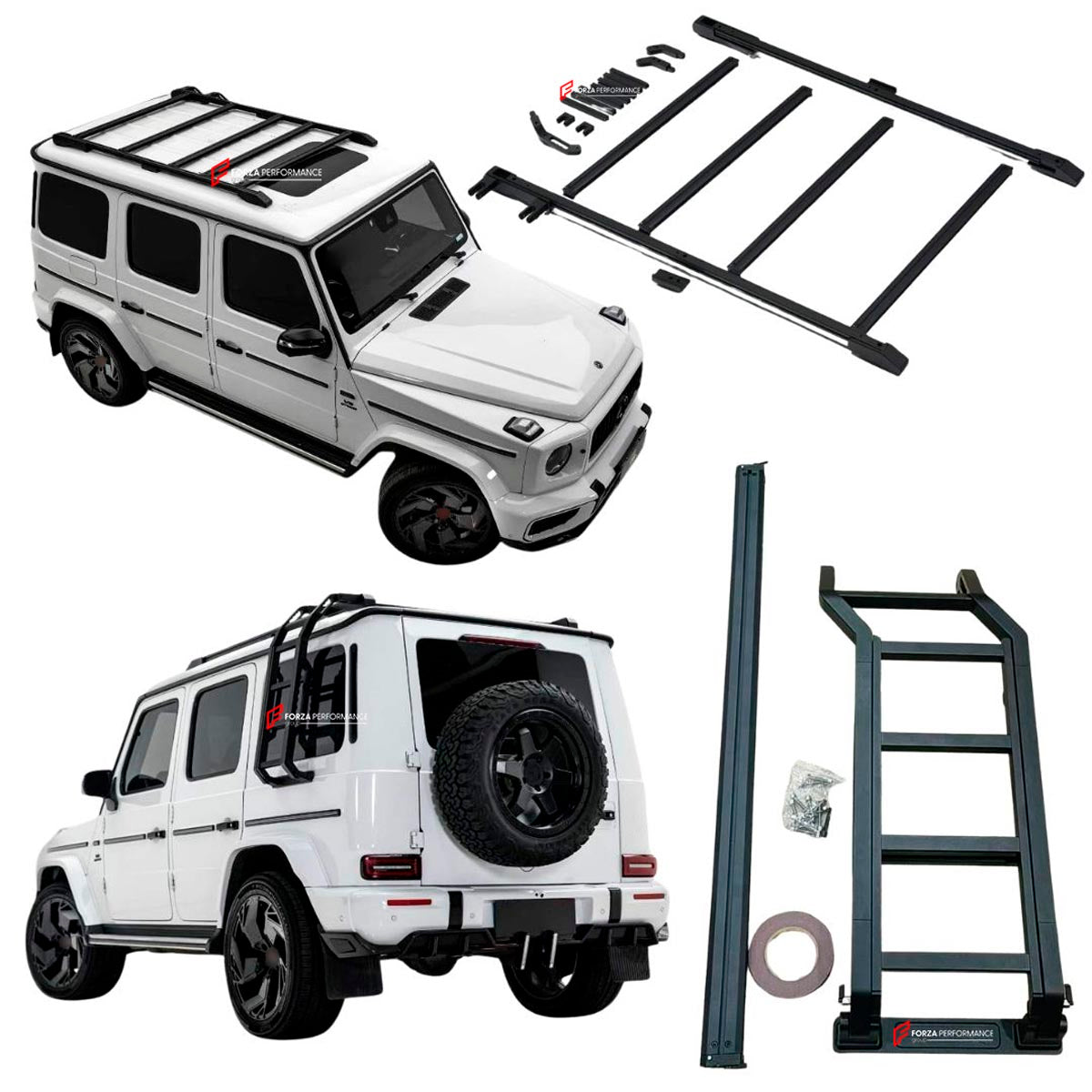 PROFESSIONAL STYLE 4X4 SQUARED ROOF RACK BAR LUGGAGE WITH LADDER for MERCEDES BENZ G-CLASS W465 W464 W463A G63 G550 G500 G450D 2019+
Set includes:

Roof Rack Assembly
Rear Ladder
Material: Aluminium

NOTE: Professional installation is required.