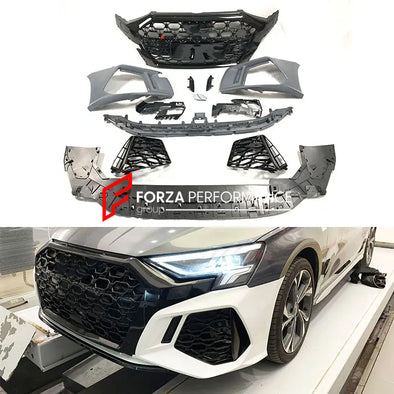 RS3 STYLE FRONT BUMPER WITH GRILLE FOR AUDI A3 8Y 2020 - 2021  Set includes:  Front Grille Front Bumper