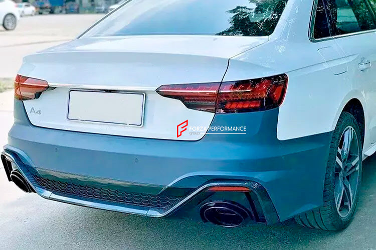 RS4 STYLE REAR BUMPER with DIFFUSER for AUDI A4 B9 2020 - 2021

Set includes:

Rear Bumper
Rear Diffuser
Exhaust Tips

Material: ABS+PP Plastic

Note: Professional installation is required