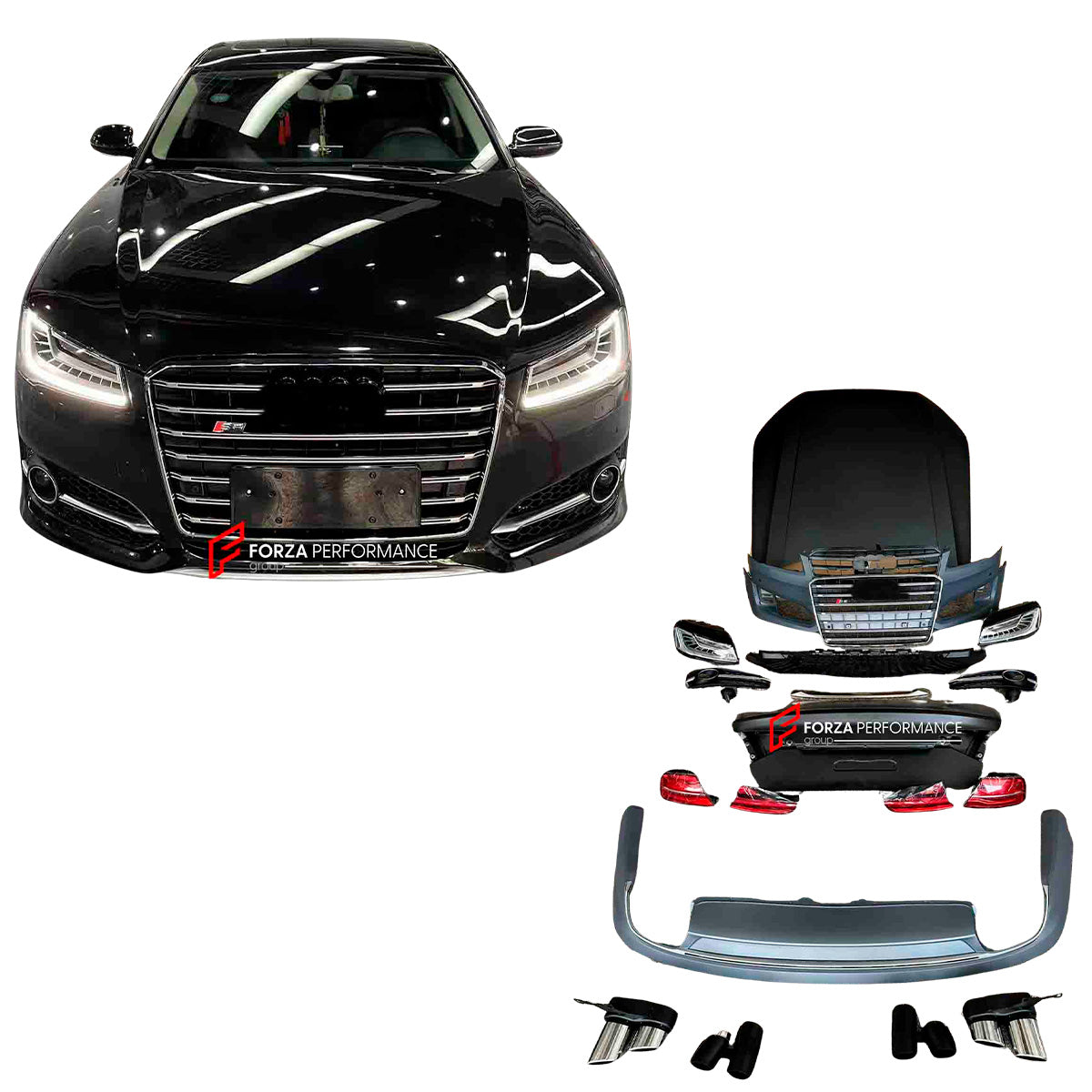 CONVERSION BODY KIT for AUDI A8 D4 2010-2014 UPGRADE to S8 2015-2018 FACELIFT

Set includes:

Front Bumper Assembly
Hood/Bonnet
Headlights
Rear Trunk
Rear Taillights
Exhaust Tips

Material: Plastic + Aluminum

NOTE: Professional installation is required

Payment ►
Visa
Mastercard
PayPal with a credit card (add 4.4% at checkout)
Payoneer
Cryptocurrency
Shipment ►
By express DHL/UPS/TNT/FedEx
To the local international airport
Special line by air
Special line by the sea
To Europe and the UK by train

Please l