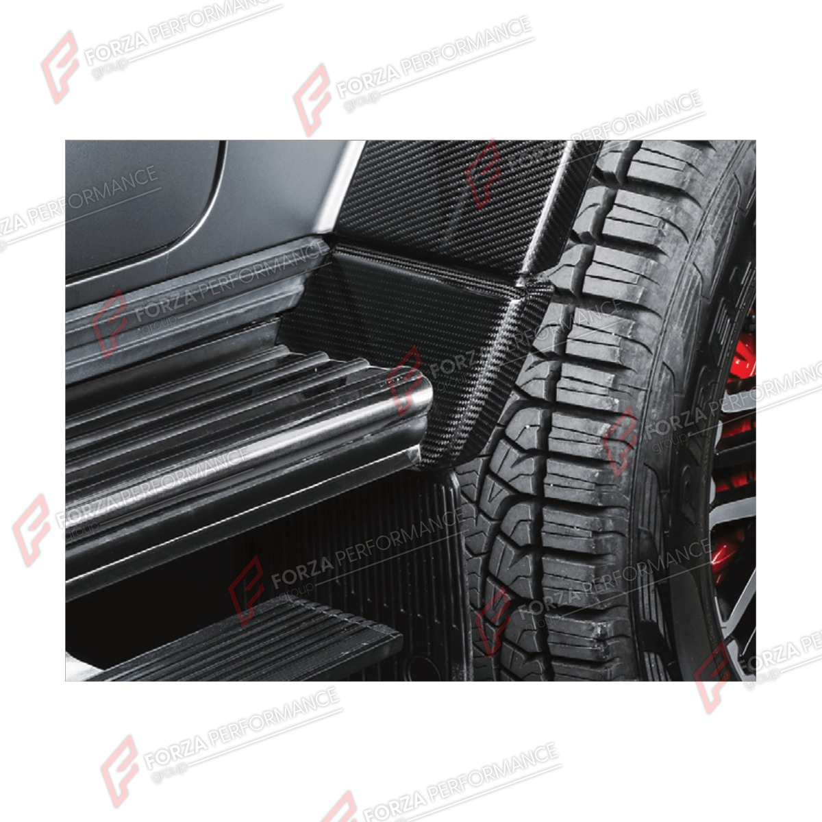 SIDE STEPS WITH DRY CARBON CORNERS for MERCEDES-BENZ G-CLASS W464 4X4 2019 - 2024

Set includes:
Side Steps
Corners

Material: Plastic, Dry Carbon

NOTE: Professional installation is required.