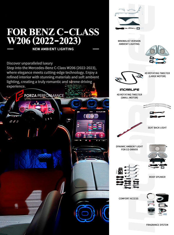 SPEAKER COVERS AIR VENTS FRAGRANCE SYSTEM WITH AMBIENT LIGHTS for MERCEDES-BENZ C CLASS W206 2021+

Set includes:

Speaker Covers
Air Vents
Lights
Fragrance System

Features:

Ability to change the color and the speed of the light

Material: Plastic


Note: Professional installation is required.

Payment ►
Visa

Mastercard

PayPal with a credit card (add 4.4% at checkout)
Payoneer
Cryptocurrency
Shipment ►
By express DHL/UPS/TNT/FedEx
To the local international airport
Special line by air
Special line by th