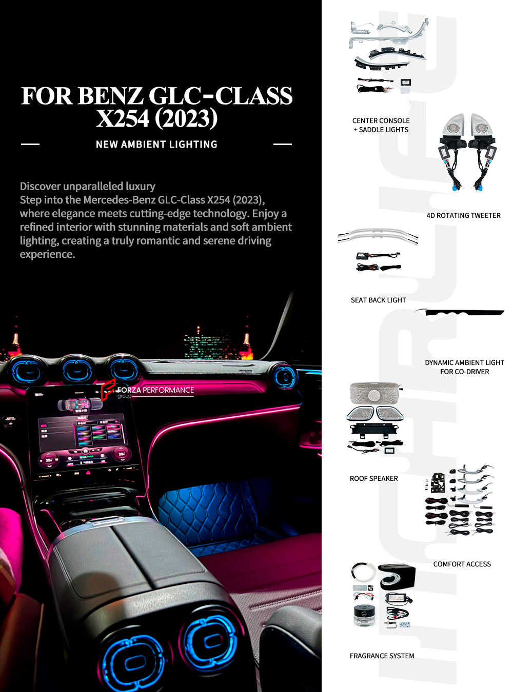 SPEAKER COVERS AND AIR VENTS WITH AMBIENT LIGHTS for MERCEDES-BENZ GLC X254 2022+

Set includes:

Speaker Covers
Air Vents
Lights
Fragrance System

Features:

Ability to change the color and the speed of the light

Material: Plastic

Note: Professional installation is required.

Payment ►
Visa
Mastercard
PayPal with a credit card (add 4.4% at checkout)
Payoneer
Cryptocurrency

Shipment ►
By express DHL/UPS/TNT/FedEx
To the local international airport
Special line by air
Special line by the sea
To Europe and