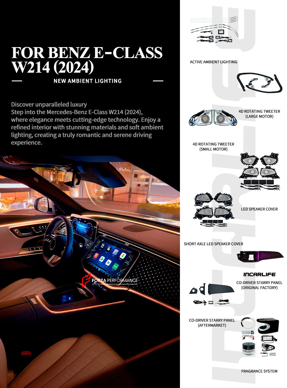 SPEAKER COVERS FRAGRANCE SYSTEM WITH AMBIENT LIGHTS for MERCEDES-BENZ E CLASS W214 2023+

Set includes:

Speaker Covers
Lights
Fragrance System

Features:

Ability to change the color and the speed of the light

Material: Plastic

Note: Professional installation is required.

Payment ►
Visa
Mastercard
PayPal with a credit card (add 4.4% at checkout)
Payoneer
Cryptocurrency

Shipment ►
By express DHL/UPS/TNT/FedEx
To the local international airport
Special line by air
Special line by the sea
To Europe and th