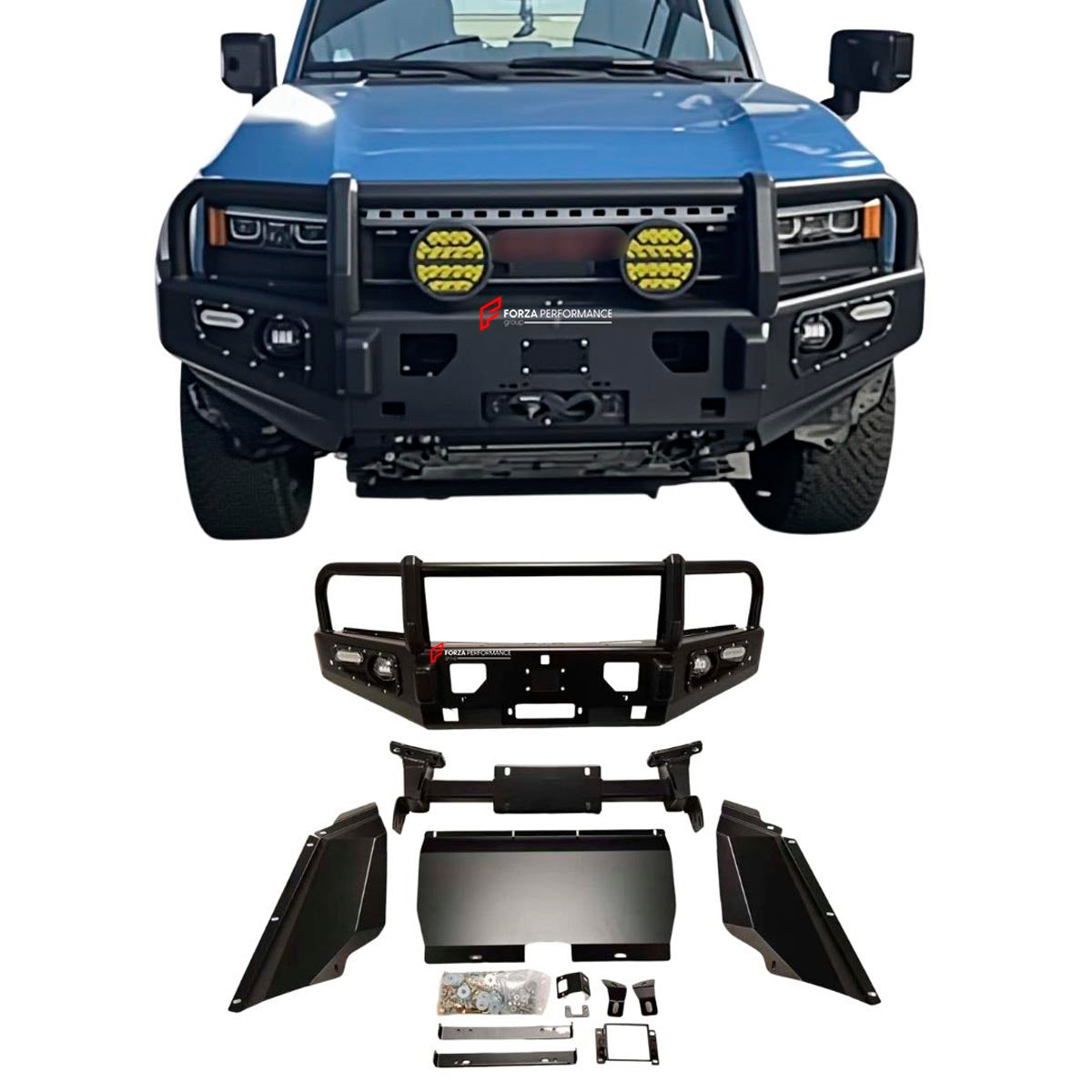 STEEL FRONT BUMPER BULL BAR for TOYOTA LAND CRUISER 250 LC 250 2024+ Forza Performance Custom fit
Set includes:

Steel Front Bumper with Bull Bar
Side Wing Plates
Skid Plate
Mounting Brackets
Fitting Hardware
Material: Steel

NOTE: Professional installation is required.