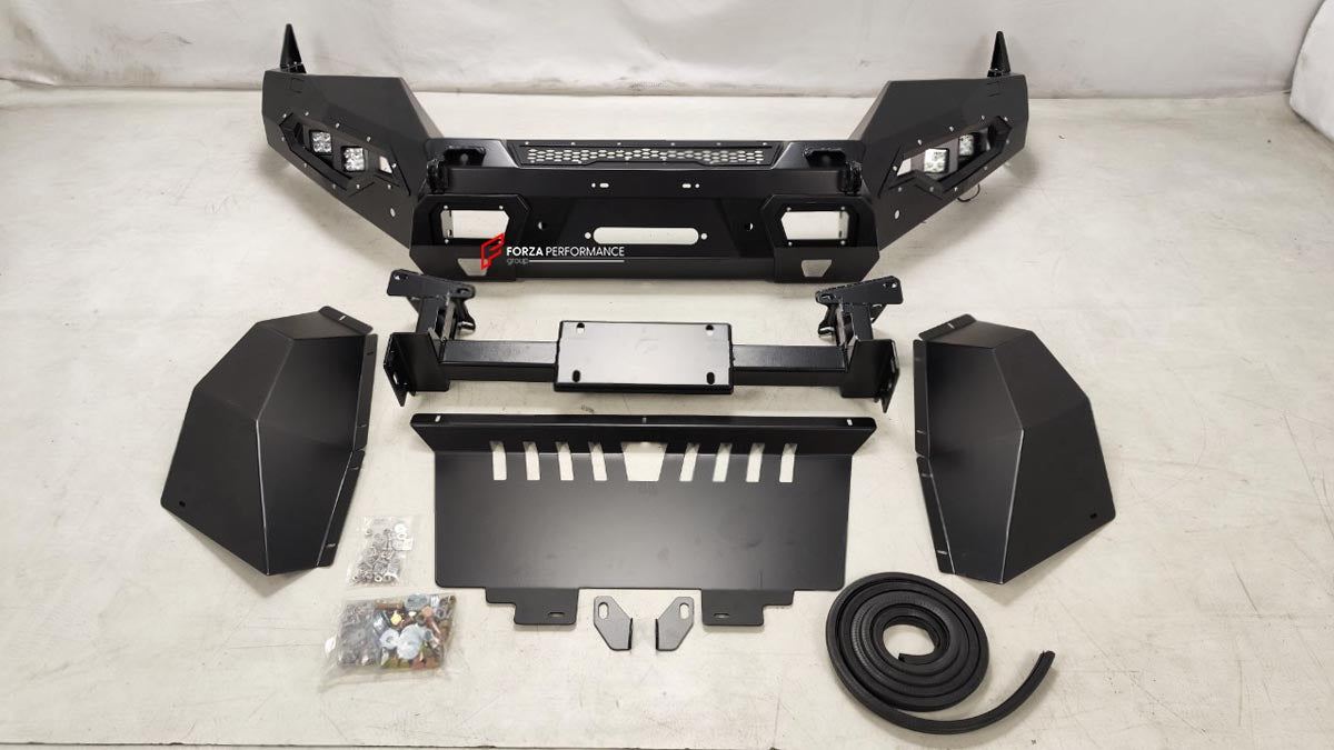 STEEL FRONT BUMPER BULL BAR for TOYOTA LAND CRUISER 300 LC 300 2021+ Forza Performance Custom fit
Set includes:

Steel Front Bumper with Bull Bar
Side Wing Plates
Skid Plate
Mounting Brackets
Rubber Seal
Fitting Hardware
Material: Steel

NOTE: Professional installation is required.