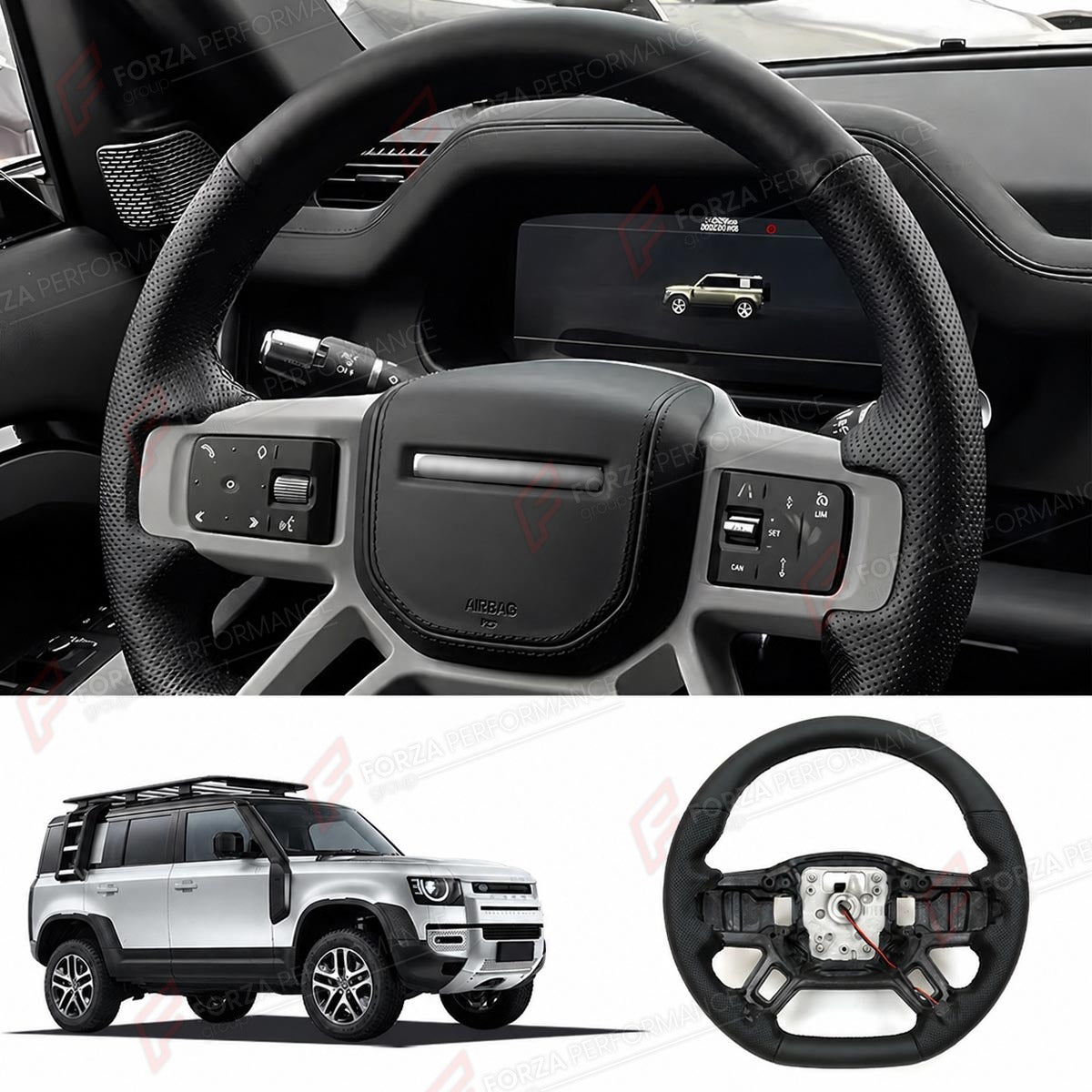 STEERING WHEEL for LAND ROVER DEFENDER 90 110 130 L663 2020+
Set includes:

Steering Wheel
Material: Leather

NOTE: Professional installation is required.