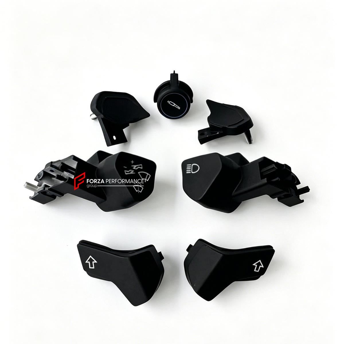 STEERING WHEEL TURN SIGNAL HEADLIGHT AND WIPER BUTTONS SET for FERRARI 458 488 F12 CALIFORNIA T FF ROMA 2009 - 2023
Set includes:

Left Turn Signal Switch
Right Turn Signal Switch
Headlight Switch
Wiper Switch
Switch Housing Assemblies
Complete 7-Piece Set
Material: Plastic

NOTE: Professional installation is required.