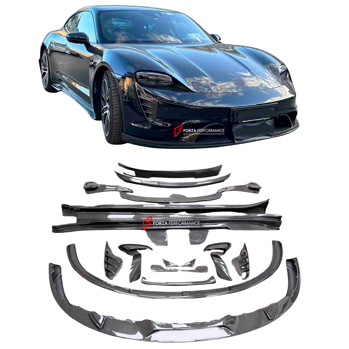 CARBON BODY KIT for PORSCHE TAYCAN 2020+

Set includes:

Front Lip
Front Upper Lip
Front Bumper Air Vents
Front Canards
Rear Diffuser Assembly
Side Skirts

Material: Carbon

Note: Professional installation is required.
