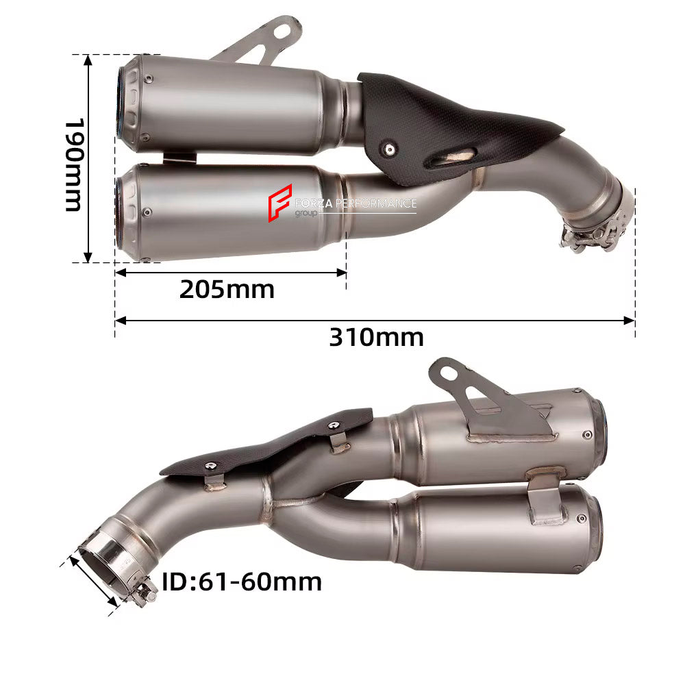 TITANIUM MOTORCYCLE EXHAUST SLIP ON for DUCATI PANIGALE 959 2016 - 2020

Set include:

Slip - On

Material: Titanium (can be made in Stainless Steel)

NOTE: Professional installation is required.

FEATURES:

Engineered Digital prototyping using 3D CAD design software, each car model chassis has been 3D laser scanned in the factor
Factory run all test cars on Italian 1200HP Dyno machine, to make the best performance design of exhaust
CNC bending machine accurately bends the tube according to the computer dat