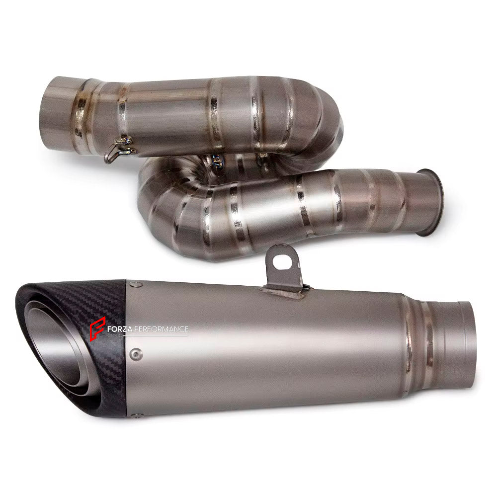TITANIUM MOTORCYCLE EXHAUST SLIP ON for TRIUMPH STREET TRIPLE 765 R RS 660 S 2017 - 2023

Set include:

Link Pipe
Slip - On

Material: Titanium (can be made in Stainless Steel)

NOTE: Professional installation is required.

FEATURES:

Engineered Digital prototyping using 3D CAD design software, each car model chassis has been 3D laser scanned in the factor
Factory run all test cars on Italian 1200HP Dyno machine, to make the best performance design of exhaust
CNC bending machine accurately bends the tube ac