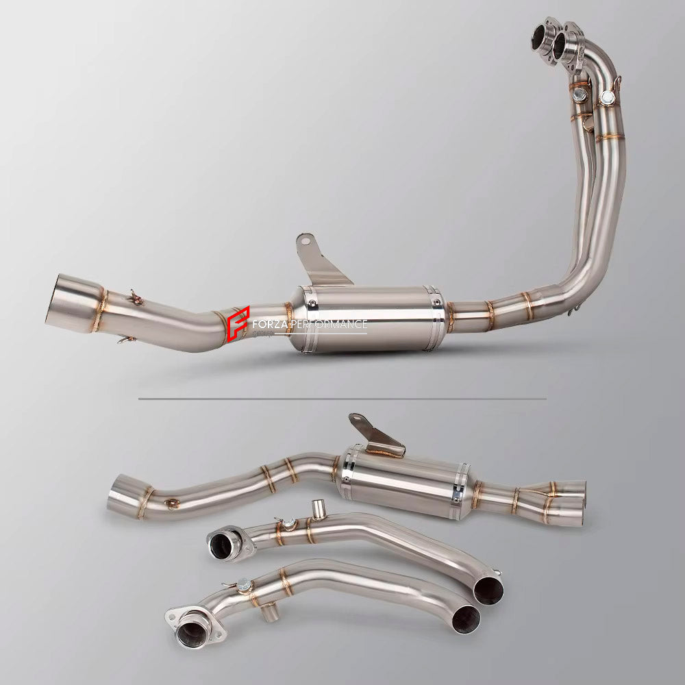 TITANIUM MOTORCYCLE EXHAUST SYSTEM for APRILIA TUONO 660 RS660 2021+

Set include:

Header
2-1 Merge Collector

Resonator
Mid pipe
Slip - On

Material: Titanium (can be made in Stainless Steel)

NOTE:&nbsp;Professional installation is required.

FEATURES:

Engineered Digital prototyping using 3D CAD design software, each car model chassis has been 3D laser scanned in the factor
Factory run all test cars on Italian 1200HP Dyno machine, to make the best performance design of exhaust
CNC bending machine accura