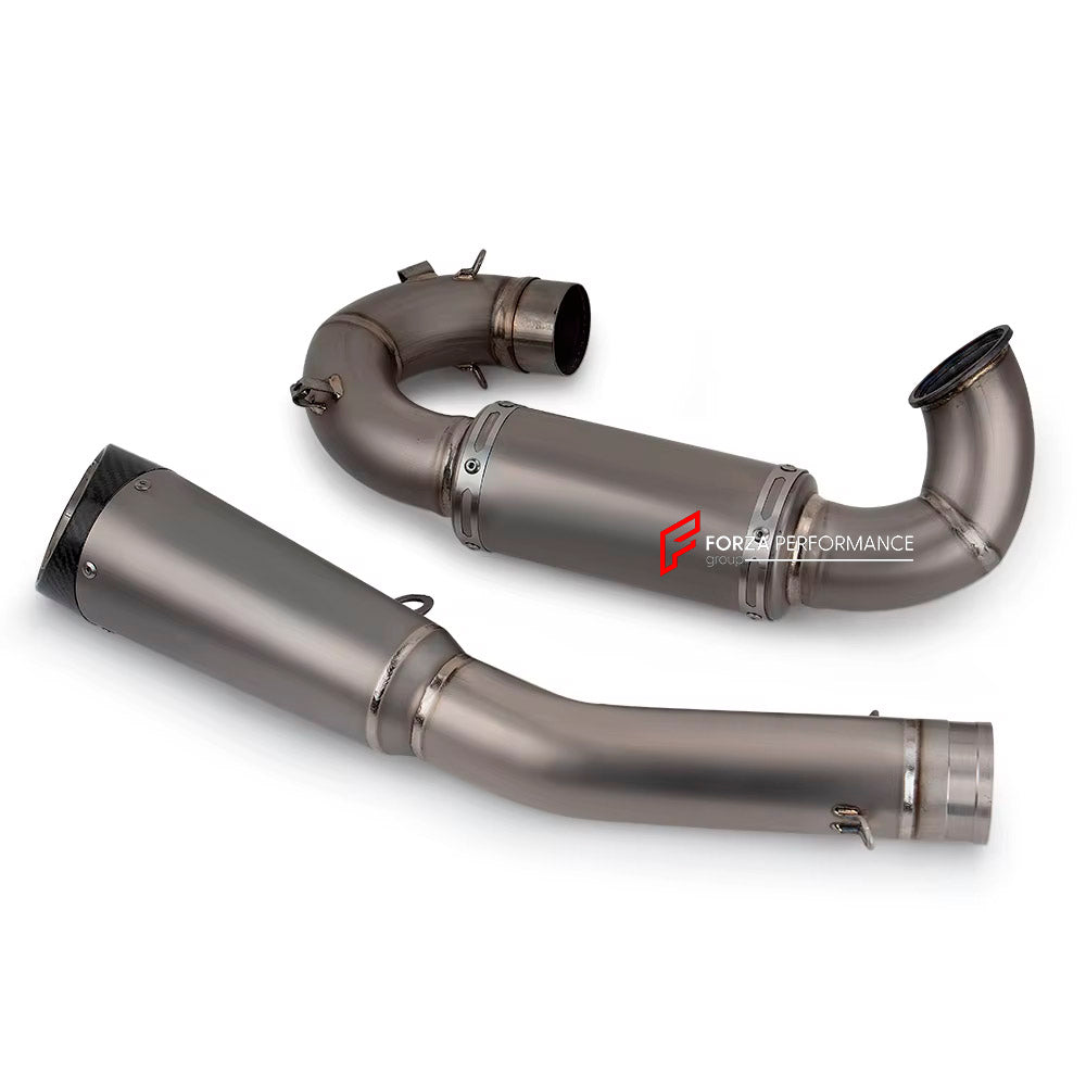 TITANIUM MOTORCYCLE EXHAUST SYSTEM for DUCATI PANIGALE V2 2020+

Set include:

Resonator
Mid Pipe
Exhaust Slip On


Material: Titanium (can be made in Stainless Steel)

NOTE:&nbsp;Professional installation is required.

FEATURES:

Engineered Digital prototyping using 3D CAD design software, each car model chassis has been 3D laser scanned in the factor
Factory run all test cars on Italian 1200HP Dyno machine, to make the best performance design of exhaust
CNC bending machine accurately bends the tube accord