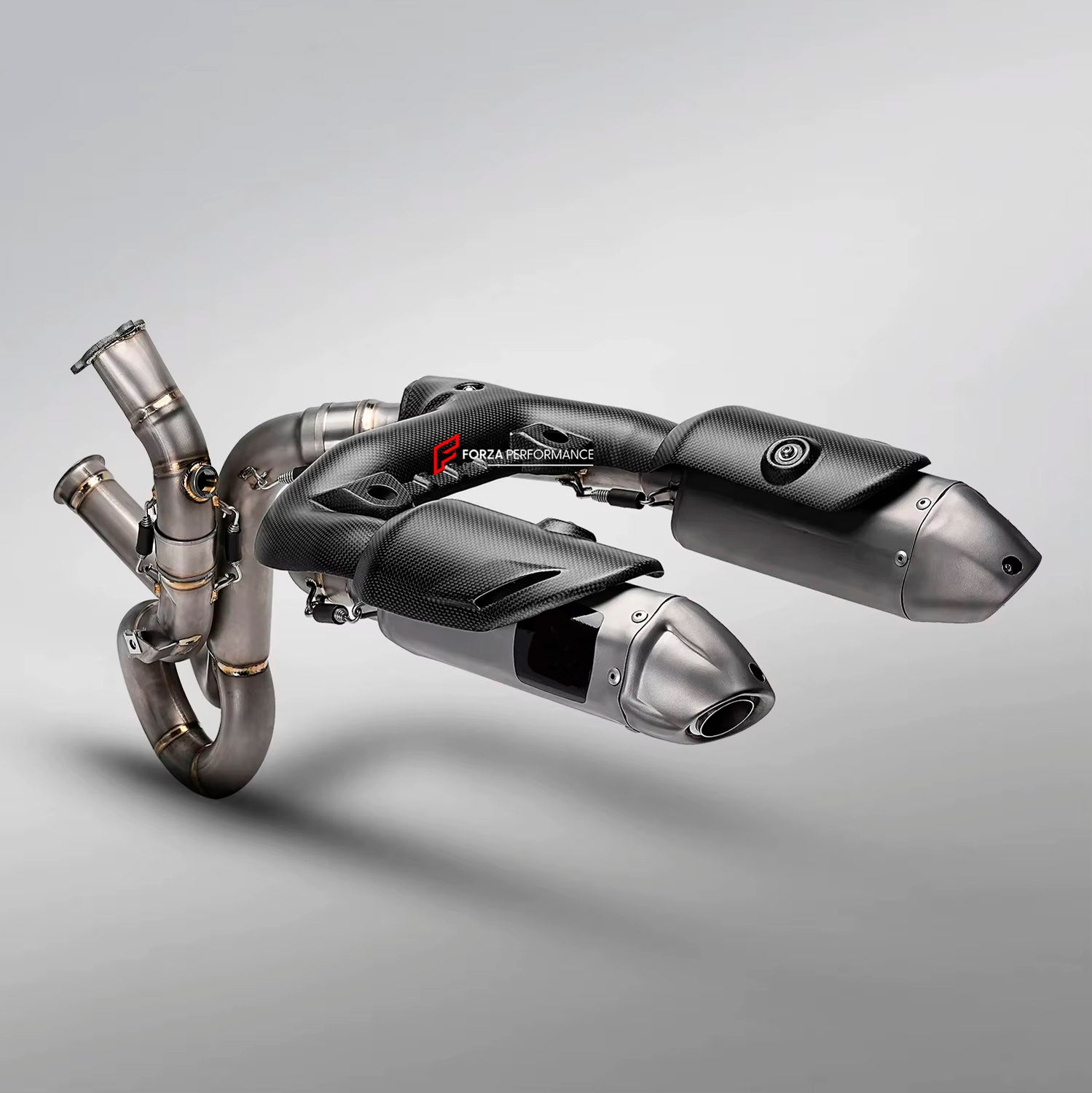 TITANIUM MOTORCYCLE EXHAUST SYSTEM for DUCATI PANIGALE V2 V2S 2025+

Set include:

Header
2-1 Merge Collectors
Mid Pipe
Link Pipes
Exhaust Slip Ons

Heat Protection

Material: Titanium (can be made in Stainless Steel)

NOTE: Professional installation is required.

FEATURES:

Engineered Digital prototyping using 3D CAD design software, each car model chassis has been 3D laser scanned in the factor
Factory run all test cars on Italian 1200HP Dyno machine, to make the best performance design of exhaust
CNC ben