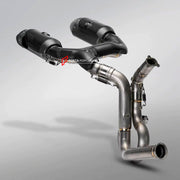 TITANIUM MOTORCYCLE EXHAUST SYSTEM for DUCATI PANIGALE V2 V2S 2025+

Set include:

Header
2-1 Merge Collectors
Mid Pipe
Link Pipes
Exhaust Slip Ons

Heat Protection

Material: Titanium (can be made in Stainless Steel)

NOTE: Professional installation is required.

FEATURES:

Engineered Digital prototyping using 3D CAD design software, each car model chassis has been 3D laser scanned in the factor
Factory run all test cars on Italian 1200HP Dyno machine, to make the best performance design of exhaust
CNC ben