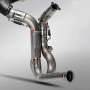TITANIUM MOTORCYCLE EXHAUST SYSTEM for DUCATI PANIGALE V2 V2S 2025+

Set include:

Header
2-1 Merge Collectors
Mid Pipe
Link Pipes
Exhaust Slip Ons

Heat Protection

Material: Titanium (can be made in Stainless Steel)

NOTE: Professional installation is required.

FEATURES:

Engineered Digital prototyping using 3D CAD design software, each car model chassis has been 3D laser scanned in the factor
Factory run all test cars on Italian 1200HP Dyno machine, to make the best performance design of exhaust
CNC ben
