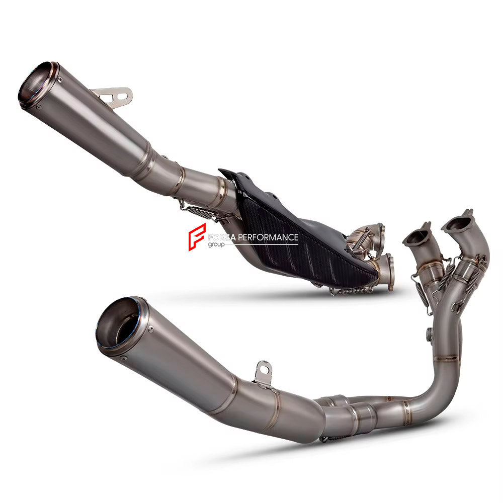 TITANIUM MOTORCYCLE EXHAUST SYSTEM for DUCATI PANIGALE V4 / V4 S / V4 R / SPECIALE 2018 - 2021

Set include:

4-2 Pipes
Mid Pipe
Exhaust Slip On

Heat Protection

Material: Titanium (can be made in Stainless Steel)

NOTE:&nbsp;Professional installation is required.

FEATURES:

Engineered Digital prototyping using 3D CAD design software, each car model chassis has been 3D laser scanned in the factor
Factory run all test cars on Italian 1200HP Dyno machine, to make the best performance design of exhaust
CNC b