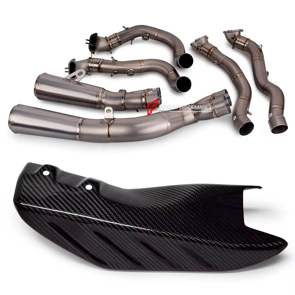 TITANIUM MOTORCYCLE EXHAUST SYSTEM for DUCATI PANIGALE V4 / V4 S / V4 R / SPECIALE 2018 - 2021

Set include:

4-2 Pipes
Mid Pipe
Exhaust Slip On

Heat Protection

Material: Titanium (can be made in Stainless Steel)

NOTE:&nbsp;Professional installation is required.

FEATURES:

Engineered Digital prototyping using 3D CAD design software, each car model chassis has been 3D laser scanned in the factor
Factory run all test cars on Italian 1200HP Dyno machine, to make the best performance design of exhaust
CNC b