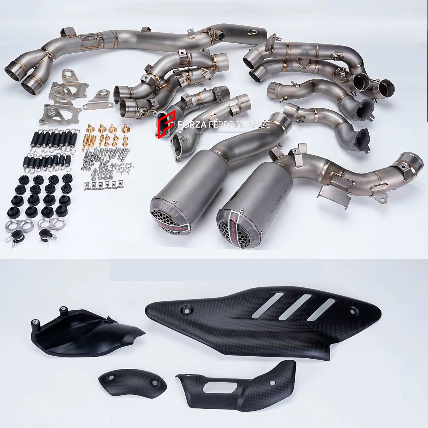 TITANIUM MOTORCYCLE EXHAUST SYSTEM for DUCATI PANIGALE V4 / V4 S / V4 R / SPECIALE 2018 - 2021

Set include:

4-2 Pipes
Mid Pipe
Exhaust Slip On

Heat Protection

Material: Titanium (can be made in Stainless Steel)

NOTE:&nbsp;Professional installation is required.

FEATURES:

Engineered Digital prototyping using 3D CAD design software, each car model chassis has been 3D laser scanned in the factor
Factory run all test cars on Italian 1200HP Dyno machine, to make the best performance design of exhaust
CNC b