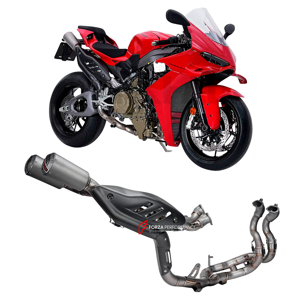 TITANIUM MOTORCYCLE EXHAUST SYSTEM for DUCATI PANIGALE V4 / V4 S / V4 R / SPECIALE 2018 - 2021

Set include:

4-2 Pipes
Mid Pipe
Exhaust Slip On

Heat Protection

Material: Titanium (can be made in Stainless Steel)

NOTE:&nbsp;Professional installation is required.

FEATURES:

Engineered Digital prototyping using 3D CAD design software, each car model chassis has been 3D laser scanned in the factor
Factory run all test cars on Italian 1200HP Dyno machine, to make the best performance design of exhaust
CNC b