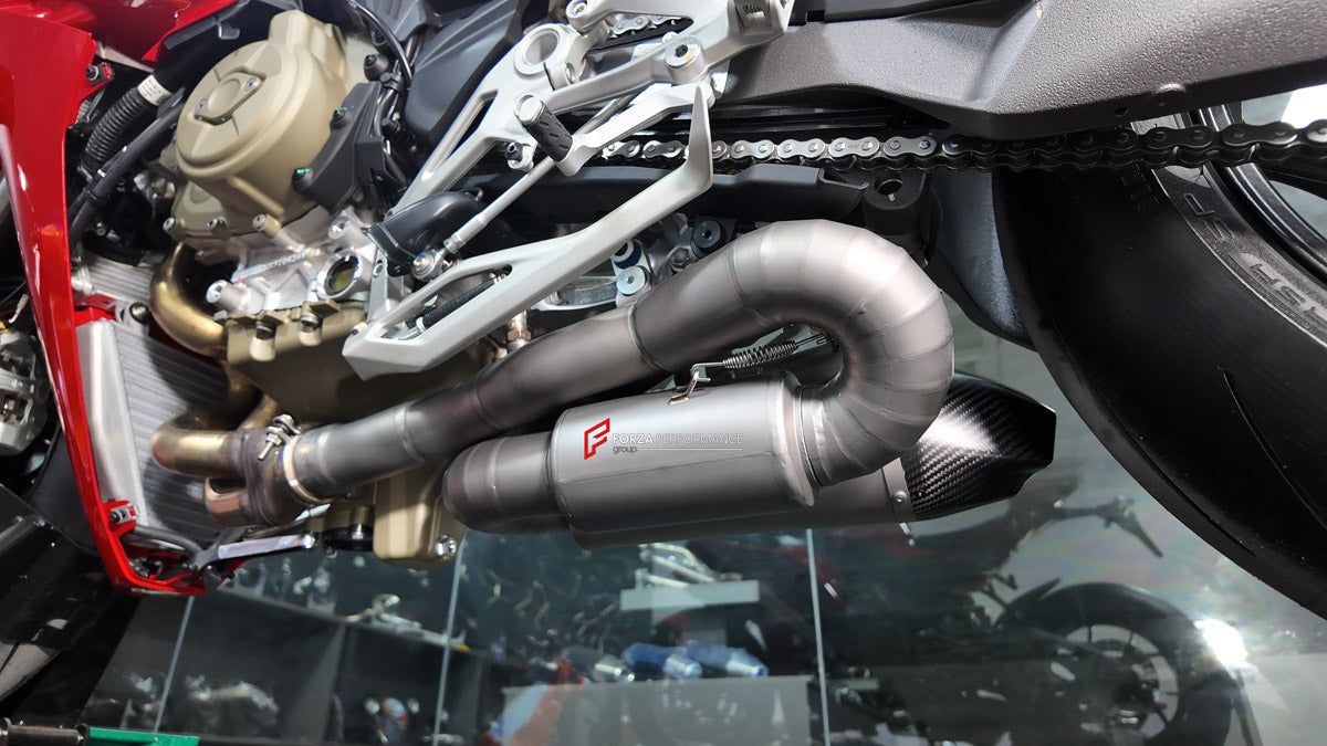 TITANIUM MOTORCYCLE EXHAUST SYSTEM for DUCATI PANIGALE V4 V4S 2025+ custom fit ARROW EXHAUST

Set include:

2-1 Merge Collectors
Mid Pipe
Resonator
Link Pipes
Exhaust Slip On
Material: Titanium (can be made in Stainless Steel)

NOTE: Professional installation is required.

FEATURES:

Engineered Digital prototyping using 3D CAD design software, each car model chassis has been 3D laser scanned in the factor
Factory run all test cars on Italian 1200HP Dyno machine, to make the best performance design of exhaus