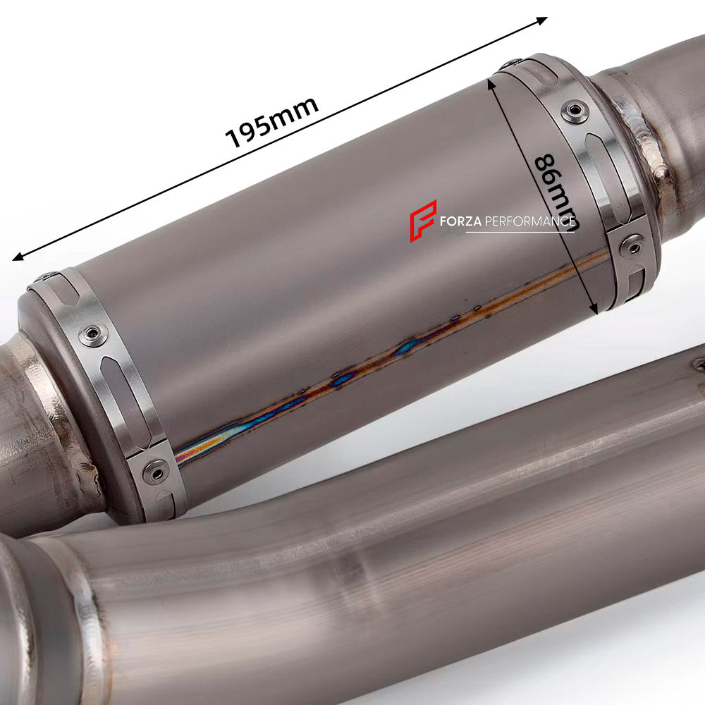 TITANIUM MOTORCYCLE EXHAUST SYSTEM for DUCATI STREETFIGHTER V2 2020+

Set include:

Resonator
Mid Pipe
Exhaust Slip On


Material: Titanium (can be made in Stainless Steel)

NOTE: Professional installation is required.

FEATURES:

Engineered Digital prototyping using 3D CAD design software, each car model chassis has been 3D laser scanned in the factor
Factory run all test cars on Italian 1200HP Dyno machine, to make the best performance design of exhaust
CNC bending machine accurately bends the tube accord