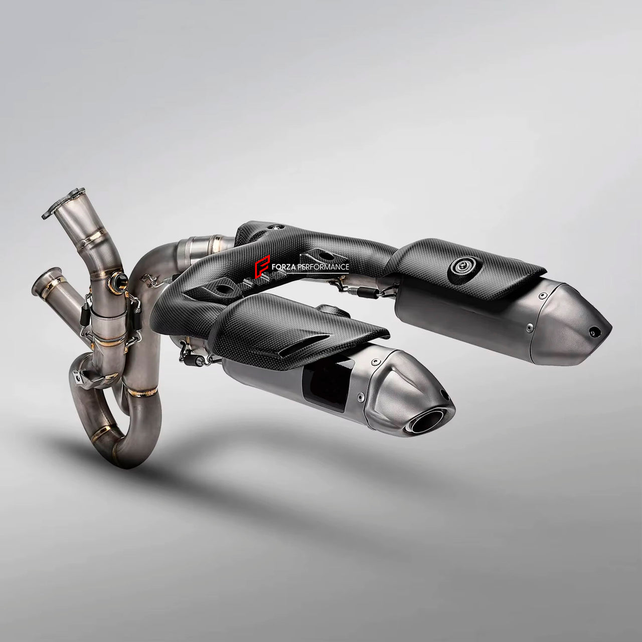 TITANIUM MOTORCYCLE EXHAUST SYSTEM for DUCATI STREETFIGHTER V2 V2S 2025+

Set include:

Header
2-1 Merge Collectors
Mid Pipe
Link Pipes
Exhaust Slip Ons

Heat Protection

Material: Titanium (can be made in Stainless Steel)

NOTE: Professional installation is required.

FEATURES:

Engineered Digital prototyping using 3D CAD design software, each car model chassis has been 3D laser scanned in the factor
Factory run all test cars on Italian 1200HP Dyno machine, to make the best performance design of exhaust
CN