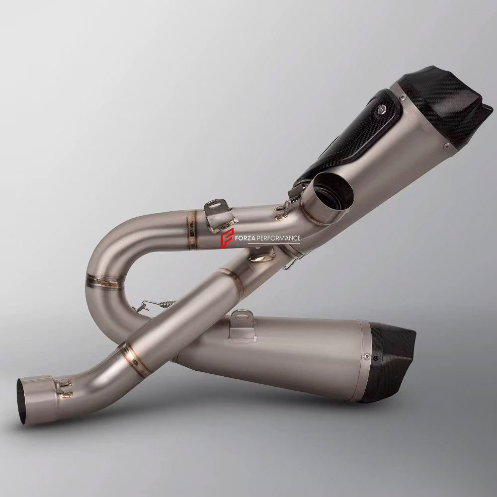 TITANIUM MOTORCYCLE EXHAUST SYSTEM for DUCATI STREETFIGHTER V4 / V4 SP

Set include:

Header
Link Pipes
Exhaust Mufler


Material: Titanium (can be made in Stainless Steel)

NOTE: Professional installation is required.

FEATURES:

Engineered Digital prototyping using 3D CAD design software, each car model chassis has been 3D laser scanned in the factor
Factory run all test cars on Italian 1200HP Dyno machine, to make the best performance design of exhaust
CNC bending machine accurately bends the tube accord