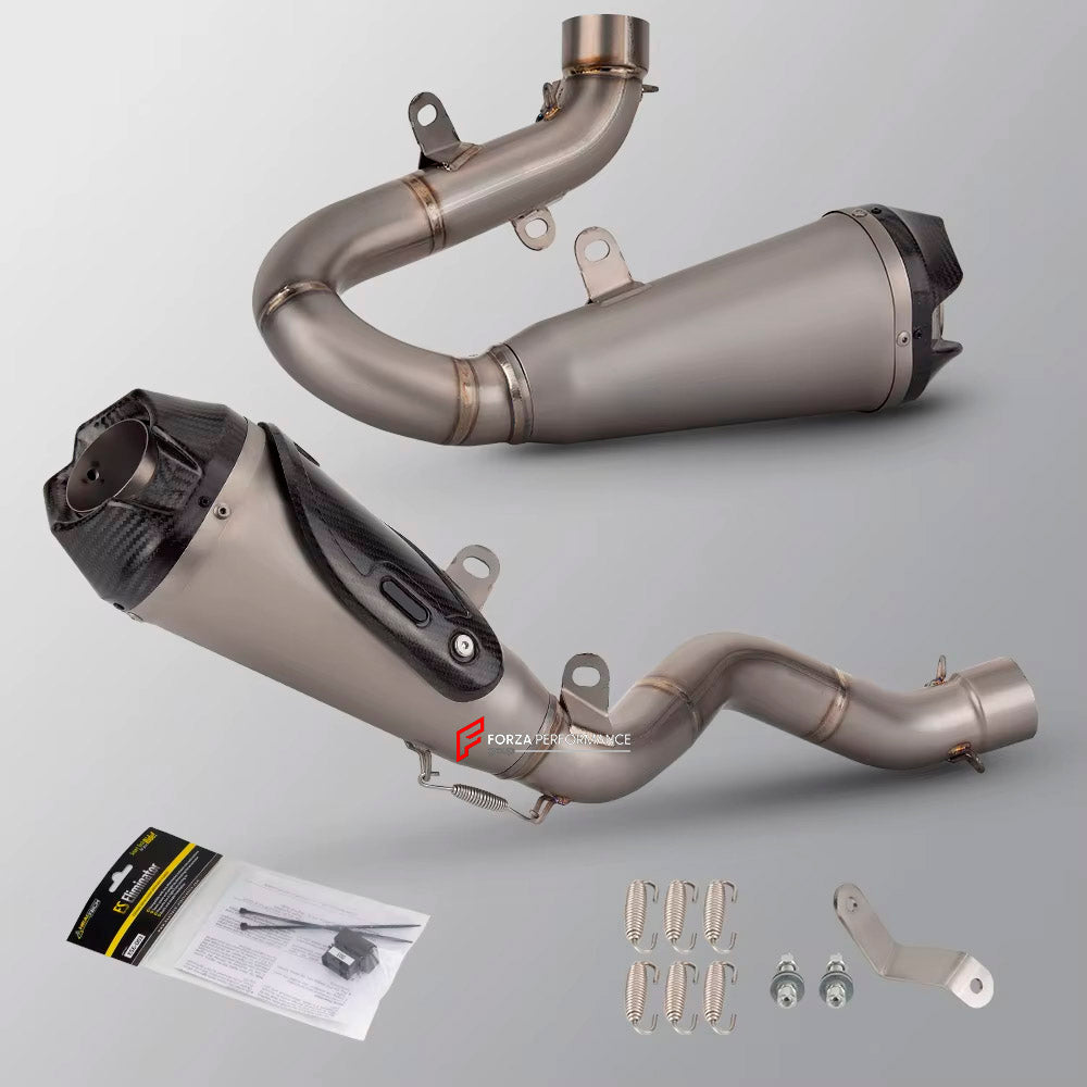 TITANIUM MOTORCYCLE EXHAUST SYSTEM for DUCATI STREETFIGHTER V4 / V4 SP

Set include:

Header
Link Pipes
Exhaust Mufler


Material: Titanium (can be made in Stainless Steel)

NOTE: Professional installation is required.

FEATURES:

Engineered Digital prototyping using 3D CAD design software, each car model chassis has been 3D laser scanned in the factor
Factory run all test cars on Italian 1200HP Dyno machine, to make the best performance design of exhaust
CNC bending machine accurately bends the tube accord