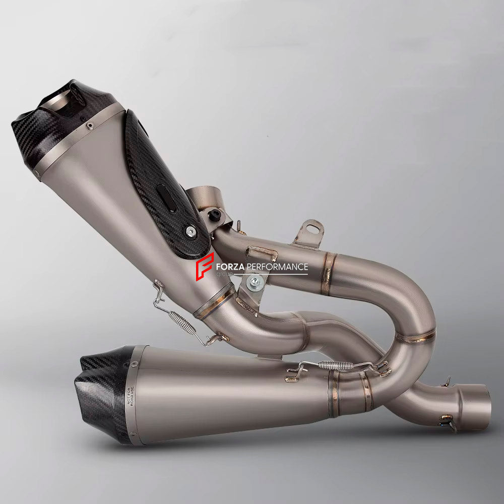 TITANIUM MOTORCYCLE EXHAUST SYSTEM for DUCATI STREETFIGHTER V4 / V4 SP

Set include:

Header
Link Pipes
Exhaust Mufler


Material: Titanium (can be made in Stainless Steel)

NOTE: Professional installation is required.

FEATURES:

Engineered Digital prototyping using 3D CAD design software, each car model chassis has been 3D laser scanned in the factor
Factory run all test cars on Italian 1200HP Dyno machine, to make the best performance design of exhaust
CNC bending machine accurately bends the tube accord