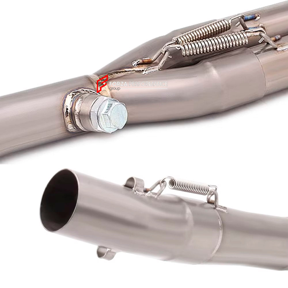 TITANIUM MOTORCYCLE EXHAUST SYSTEM for KAWASAKI NINJA 400 Z400 2018 - 2023

Set include:

Header
2-1 Merge Collector
Mid Pipe

Aprox Weight: 4 kg (8.81 lbs)

Material: Titanium (can be made in Stainless Steel)

NOTE: Professional installation is required.

FEATURES:

Engineered Digital prototyping using 3D CAD design software, each car model chassis has been 3D laser scanned in the factor
Factory run all test cars on Italian 1200HP Dyno machine, to make the best performance design of exhaust
CNC bending mac
