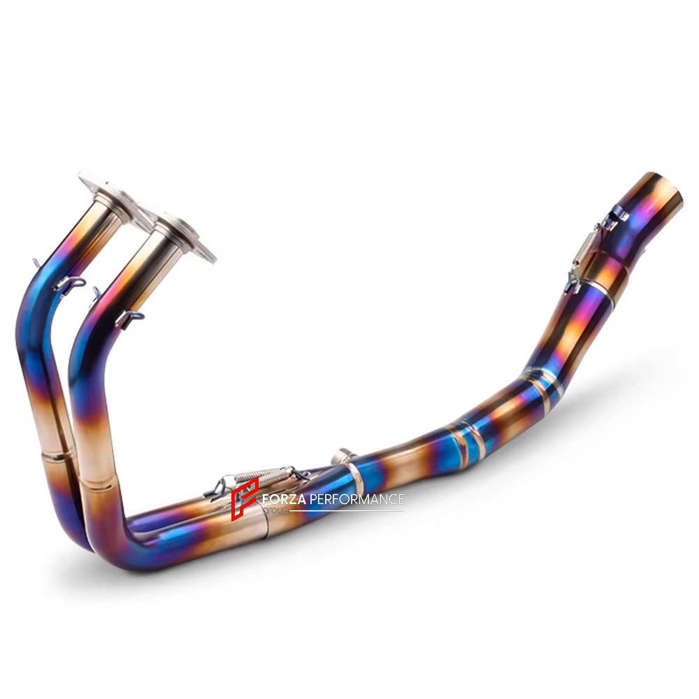 TITANIUM MOTORCYCLE EXHAUST SYSTEM for KAWASAKI NINJA 400 Z400 2018 - 2023

Set include:

Header
2-1 Merge Collector
Mid Pipe

Aprox Weight: 4 kg (8.81 lbs)

Material: Titanium (can be made in Stainless Steel)

NOTE: Professional installation is required.

FEATURES:

Engineered Digital prototyping using 3D CAD design software, each car model chassis has been 3D laser scanned in the factor
Factory run all test cars on Italian 1200HP Dyno machine, to make the best performance design of exhaust
CNC bending mac