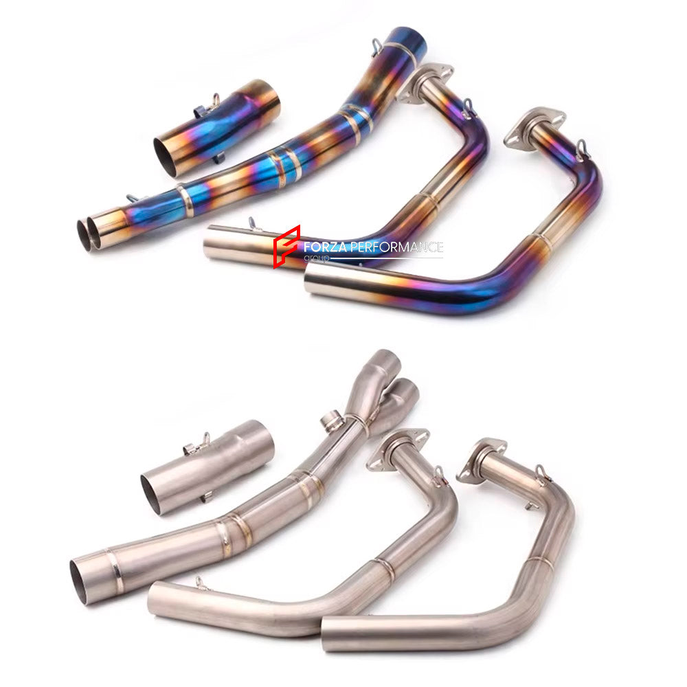 TITANIUM MOTORCYCLE EXHAUST SYSTEM for KAWASAKI NINJA 400 Z400 2018 - 2023

Set include:

Header
2-1 Merge Collector
Mid Pipe

Aprox Weight: 4 kg (8.81 lbs)

Material: Titanium (can be made in Stainless Steel)

NOTE: Professional installation is required.

FEATURES:

Engineered Digital prototyping using 3D CAD design software, each car model chassis has been 3D laser scanned in the factor
Factory run all test cars on Italian 1200HP Dyno machine, to make the best performance design of exhaust
CNC bending mac