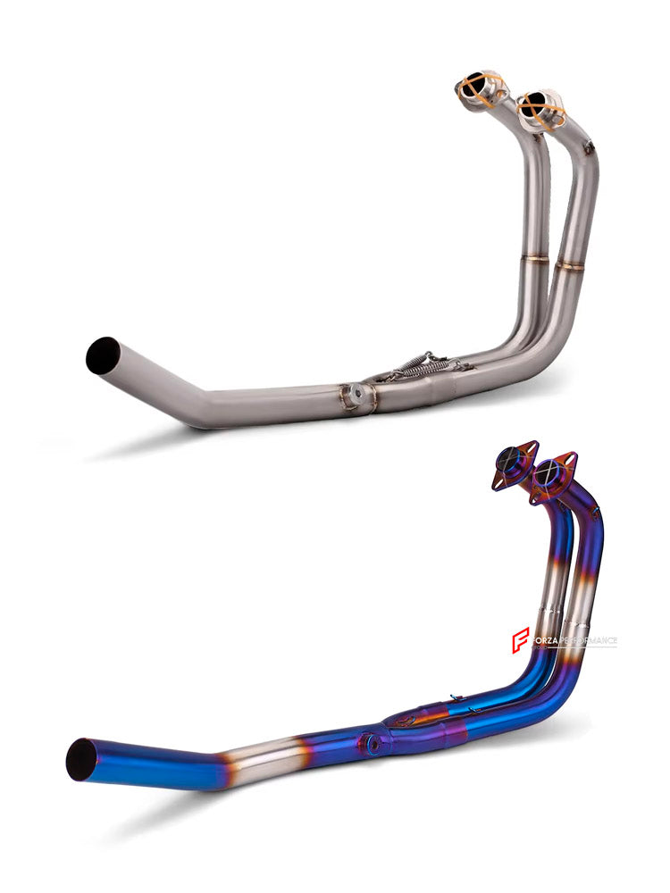 TITANIUM MOTORCYCLE EXHAUST SYSTEM for KAWASAKI NINJA 400 Z400 2018 - 2023

Set include:

Header
2-1 Merge Collector
Mid Pipe

Aprox Weight: 2.5 kg (5.51 lbs)

Material: Titanium (can be made in Stainless Steel)

NOTE:&nbsp;Professional installation is required.

FEATURES:

Engineered Digital prototyping using 3D CAD design software, each car model chassis has been 3D laser scanned in the factor
Factory run all test cars on Italian 1200HP Dyno machine, to make the best performance design of exhaust
CNC bend