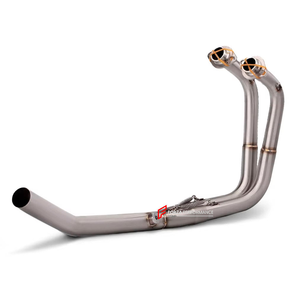 TITANIUM MOTORCYCLE EXHAUST SYSTEM for KAWASAKI NINJA 400 Z400 2018 - 2023

Set include:

Header
2-1 Merge Collector
Mid Pipe

Aprox Weight: 2.5 kg (5.51 lbs)

Material: Titanium (can be made in Stainless Steel)

NOTE:&nbsp;Professional installation is required.

FEATURES:

Engineered Digital prototyping using 3D CAD design software, each car model chassis has been 3D laser scanned in the factor
Factory run all test cars on Italian 1200HP Dyno machine, to make the best performance design of exhaust
CNC bend