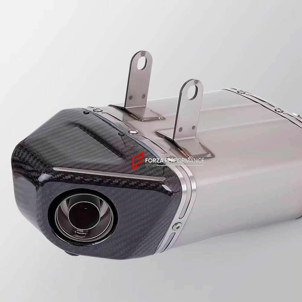 TITANIUM MOTORCYCLE EXHAUST SYSTEM for KAWASAKI Z650 2017+

Set include:

Header
2-1 Merge Collector
Catalyst Converter
Exhaust Mufler
DB killer

Material: Titanium (can be made in Stainless Steel)

NOTE:&nbsp;Professional installation is required.

FEATURES:

Engineered Digital prototyping using 3D CAD design software, each car model chassis has been 3D laser scanned in the factor
Factory run all test cars on Italian 1200HP Dyno machine, to make the best performance design of exhaust
CNC bending machine ac