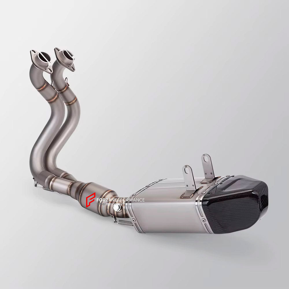TITANIUM MOTORCYCLE EXHAUST SYSTEM for KAWASAKI Z650 2017+

Set include:

Header
2-1 Merge Collector
Catalyst Converter
Exhaust Mufler
DB killer

Material: Titanium (can be made in Stainless Steel)

NOTE:&nbsp;Professional installation is required.

FEATURES:

Engineered Digital prototyping using 3D CAD design software, each car model chassis has been 3D laser scanned in the factor
Factory run all test cars on Italian 1200HP Dyno machine, to make the best performance design of exhaust
CNC bending machine ac