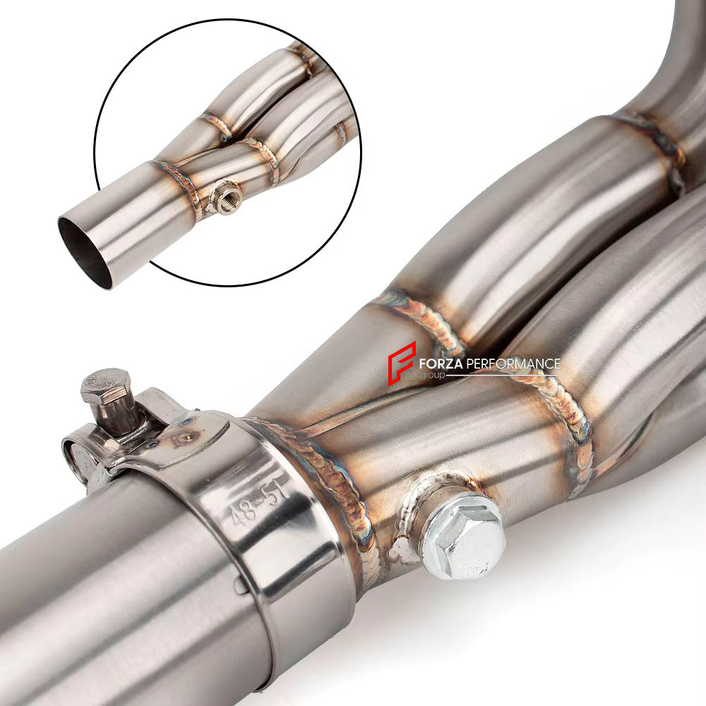 TITANIUM MOTORCYCLE EXHAUST SYSTEM for KAWASAKI ZX-4R ZX-4RR

Set include:

Header
4-1 Merge Collector

Mid pipe

Material: Titanium (can be made in Stainless Steel)

NOTE:&nbsp;Professional installation is required.

FEATURES:

Engineered Digital prototyping using 3D CAD design software, each car model chassis has been 3D laser scanned in the factor
Factory run all test cars on Italian 1200HP Dyno machine, to make the best performance design of exhaust
CNC bending machine accurately bends the tube accordin