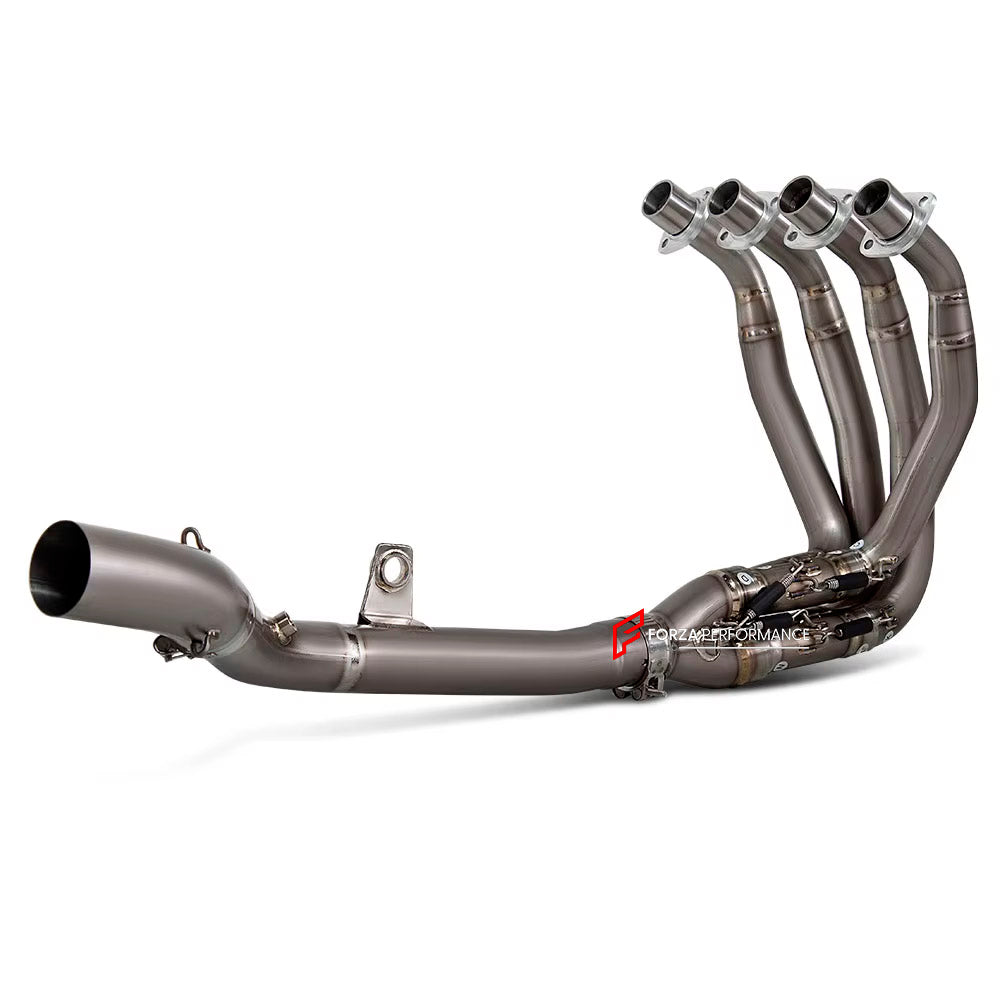 TITANIUM MOTORCYCLE EXHAUST SYSTEM for KAWASAKI ZX-4R ZX-4RR

Set include:

Header
4-1 Merge Collector
Mid Pipe

Aprox Weight: 5 kg (11 lbs)

Material: Titanium (can be made in Stainless Steel)

NOTE:&nbsp;Professional installation is required.

FEATURES:

Engineered Digital prototyping using 3D CAD design software, each car model chassis has been 3D laser scanned in the factor
Factory run all test cars on Italian 1200HP Dyno machine, to make the best performance design of exhaust
CNC bending machine accura
