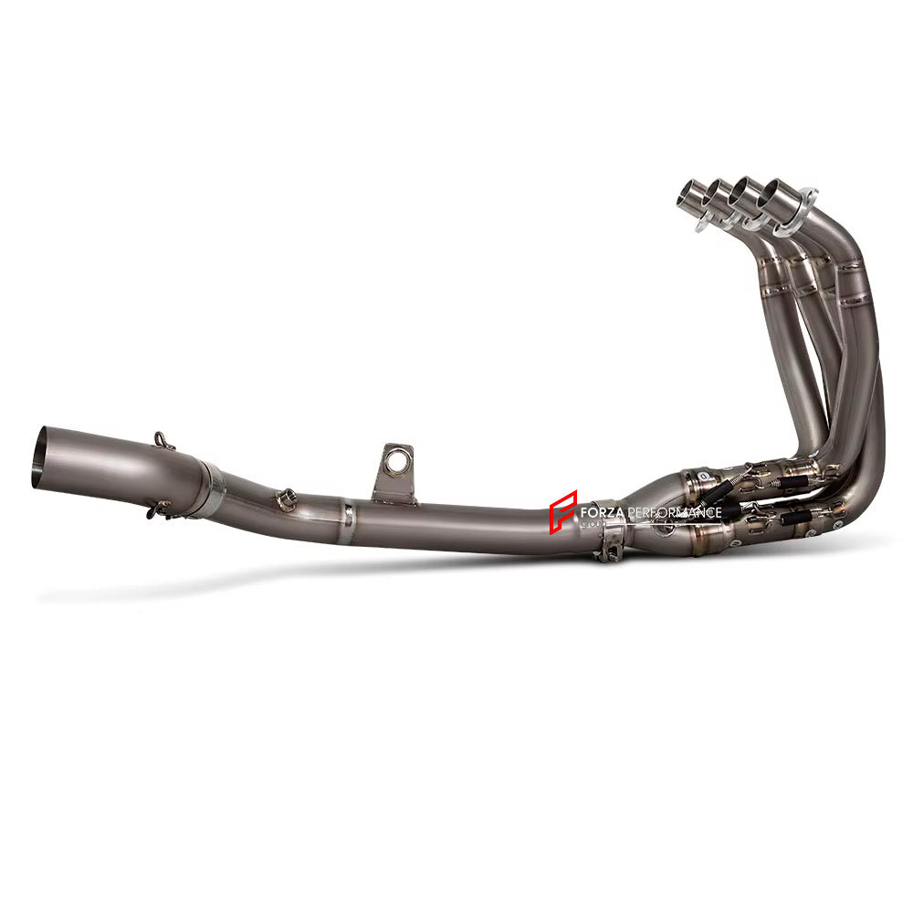 TITANIUM MOTORCYCLE EXHAUST SYSTEM for KAWASAKI ZX-4R ZX-4RR

Set include:

Header
4-1 Merge Collector
Mid Pipe

Aprox Weight: 5 kg (11 lbs)

Material: Titanium (can be made in Stainless Steel)

NOTE:&nbsp;Professional installation is required.

FEATURES:

Engineered Digital prototyping using 3D CAD design software, each car model chassis has been 3D laser scanned in the factor
Factory run all test cars on Italian 1200HP Dyno machine, to make the best performance design of exhaust
CNC bending machine accura