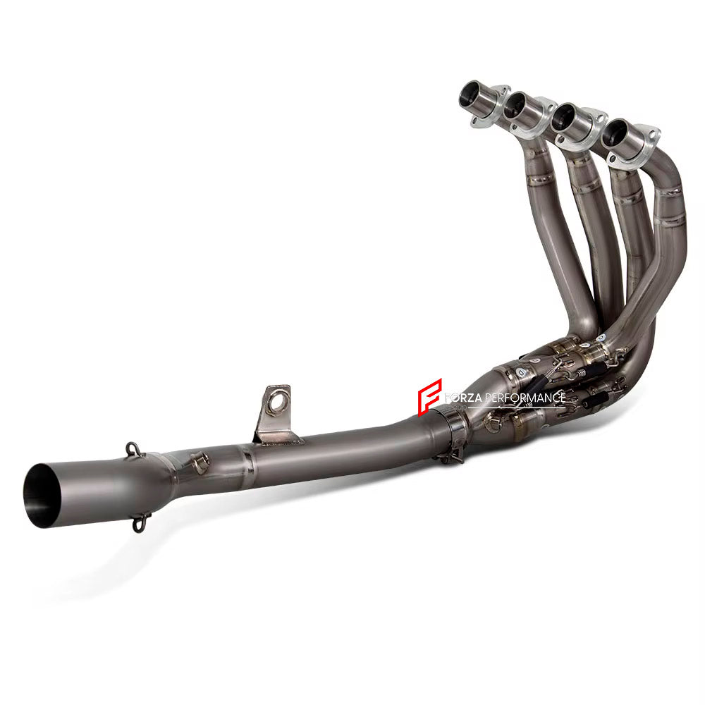 TITANIUM MOTORCYCLE EXHAUST SYSTEM for KAWASAKI ZX-4R ZX-4RR

Set include:

Header
4-1 Merge Collector
Mid Pipe

Aprox Weight: 5 kg (11 lbs)

Material: Titanium (can be made in Stainless Steel)

NOTE:&nbsp;Professional installation is required.

FEATURES:

Engineered Digital prototyping using 3D CAD design software, each car model chassis has been 3D laser scanned in the factor
Factory run all test cars on Italian 1200HP Dyno machine, to make the best performance design of exhaust
CNC bending machine accura